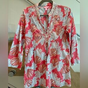 Lilly Pulitzer Sarasota Tunic MEDIUM Beaded Blouse pink white seashells Cotton